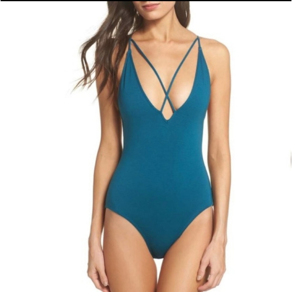 Sam Edelman Blue Plunge Bodysuit Sz L -NWT